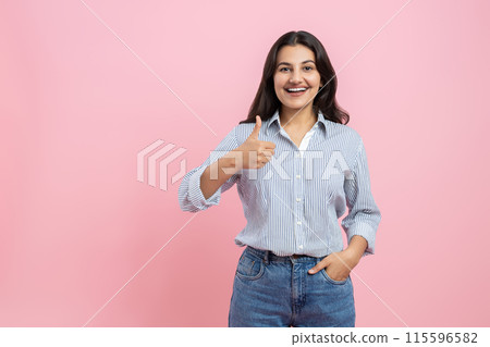 Satisfied Indian woman showing like gesture 115596582