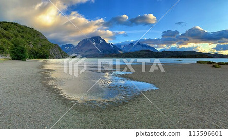 Wide-angle panoramic photo of lake Logo Grey in national park Torres del Paine in Chilean Patagonia 115596601