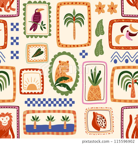 Tropical patchwork seamless pattern. Vector cute jungle palm tree, monkey animal , jaguar, toucan bird print Tropical patchwork seamless pattern. Vector cute jungle palm tree, monkey animal , jaguar, toucan bird print 115596902