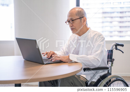 Senior man working on a computer, employment of the elderly, employment of the disabled 115596905