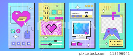 Social media posters template with retro desktop computer interface with buttons, browser windows, folders Social media posters template with retro desktop computer interface with buttons, browser windows, folders 115596941