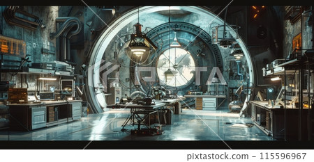 Futuristic Laboratory with Advanced Technology and Large Curved Window Overlooking an Alien Landscape 115596967