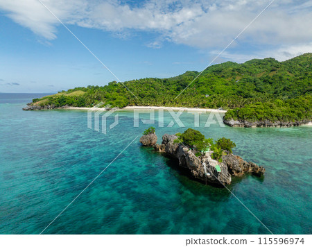 Islet surrounded by turquoise water with corals in Cobrador Island. Romblon, Philippines. Islet surrounded by turquoise water with corals in Cobrador Island. Romblon, Philippines. 115596974