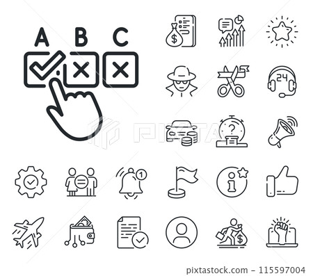 Select answer sign. Salaryman, gender equality and alert bell outline icons. Correct checkbox line icon. Business test symbol. Correct checkbox line sign. Spy or profile placeholder icon. Vector Select answer sign. Salaryman, gender equality and alert bell outline icons. Correct checkbox line icon. Business test symbol. Correct checkbox line sign. Spy or profile placeholder icon. Vector 115597004