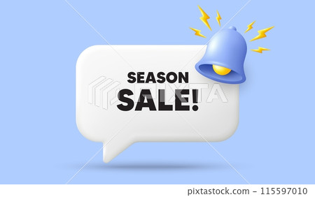 Season sale tag. 3d speech bubble banner with bell. Special offer price sign. Advertising discounts symbol. Season sale chat speech message. 3d offer talk box. Vector Season sale tag. 3d speech bubble banner with bell. Special offer price sign. Advertising discounts symbol. Season sale chat speech message. 3d offer talk box. Vector 115597010