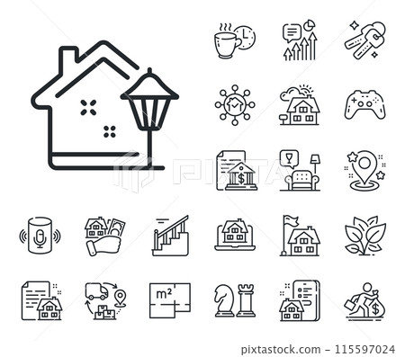 Outdoor lamp sign. Floor plan, stairs and lounge room outline icons. Street light line icon. House illuminate symbol. Street light line sign. House mortgage, sell building icon. Real estate. Vector 115597024