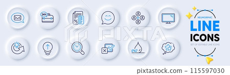 Monitor, Checkbox and Share idea line icons for web app. Pack of Smile chat, Swipe up, Ranking stars pictogram icons. Video conference, Messenger, Time management signs. Waterproof. Vector Monitor, Checkbox and Share idea line icons for web app. Pack of Smile chat, Swipe up, Ranking stars pictogram icons. Video conference, Messenger, Time management signs. Waterproof. Vector 115597030