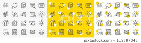 Outline Roller coaster, Ranking and Washing machine line icons pack for web with Talk bubble, Shield, Video conference line icon. Report, Search calendar, Seo script pictogram icon. Vector 115597043