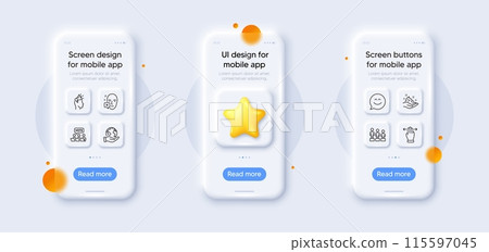 Multitasking gesture, Online voting and Smile chat line icons pack. 3d phone mockups with star. Glass smartphone screen. Save planet, Brand ambassador, Face declined web icon. Vector 115597045
