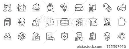 Icons pack as Stress grows, Seo idea and Qr code line icons for app include Fast recovery, Certificate, Accounting outline thin icon web set. Document, Anxiety, Recovery trash pictogram. Vector 115597050