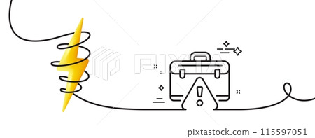 Warning briefcase line icon. Continuous one line with curl. Attention triangle sign. Caution diplomat symbol. Warning briefcase single outline ribbon. Loop curve with energy. Vector Warning briefcase line icon. Continuous one line with curl. Attention triangle sign. Caution diplomat symbol. Warning briefcase single outline ribbon. Loop curve with energy. Vector 115597051