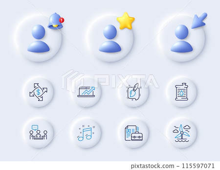 Windmill, Painting brush and People chatting line icons. Placeholder with 3d cursor, bell, star. Pack of Oil barrel, Payment exchange, Musical note icon. Vacancy, Sales diagram pictogram. Vector Windmill, Painting brush and People chatting line icons. Placeholder with 3d cursor, bell, star. Pack of Oil barrel, Payment exchange, Musical note icon. Vacancy, Sales diagram pictogram. Vector 115597071