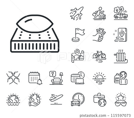 Orthopedic pad sign. Plane jet, travel map and baggage claim outline icons. Mattress with pillow line icon. Breathable sleep bed symbol. Mattress line sign. Car rental, taxi transport icon. Vector Orthopedic pad sign. Plane jet, travel map and baggage claim outline icons. Mattress with pillow line icon. Breathable sleep bed symbol. Mattress line sign. Car rental, taxi transport icon. Vector 115597073