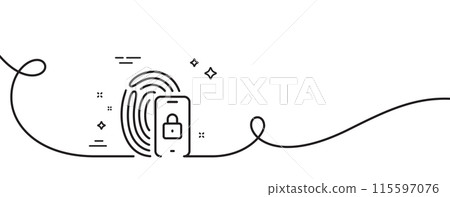 Lock line icon. Continuous one line with curl. Fingerprint access sign. Security padlock symbol. Lock single outline ribbon. Loop curve pattern. Vector 115597076