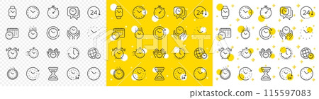 Timer, Alarm and Smartwatch. Time and clock line icons. Time management, 24 hour clock, deadline alarm icons. Sand hourglass, calendar and digital smartwatch, timer stopwatch. Vector Timer, Alarm and Smartwatch. Time and clock line icons. Time management, 24 hour clock, deadline alarm icons. Sand hourglass, calendar and digital smartwatch, timer stopwatch. Vector 115597083