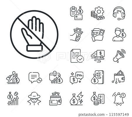 No money bribe sign. Cash money, loan and mortgage outline icons. Corrupt line icon. Stop cash crime symbol. Corrupt line sign. Credit card, crypto wallet icon. Inflation, job salary. Vector No money bribe sign. Cash money, loan and mortgage outline icons. Corrupt line icon. Stop cash crime symbol. Corrupt line sign. Credit card, crypto wallet icon. Inflation, job salary. Vector 115597149