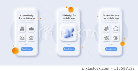 Company, Work home and Quote bubble line icons pack. 3d phone mockups with cursor. Glass smartphone screen. Speech bubble, Coins, Potato chips web icon. Fire energy, Online voting pictogram. Vector Company, Work home and Quote bubble line icons pack. 3d phone mockups with cursor. Glass smartphone screen. Speech bubble, Coins, Potato chips web icon. Fire energy, Online voting pictogram. Vector 115597152