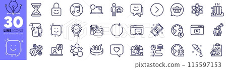 Video content, Forward and Love message line icons pack. Recovery laptop, Integrity, Shopping cart web icon. Seo message, Chemistry pipette, Cogwheel pictogram. Music, Manual doc, Synchronize. Vector Video content, Forward and Love message line icons pack. Recovery laptop, Integrity, Shopping cart web icon. Seo message, Chemistry pipette, Cogwheel pictogram. Music, Manual doc, Synchronize. Vector 115597153