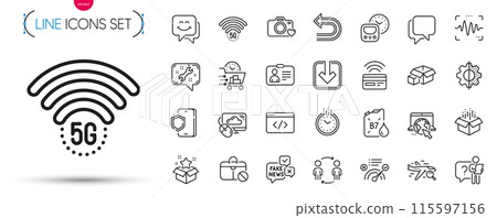 Pack of Contactless payment, Metro and Jobless line icons. Include Time, Talk bubble, Transform pictogram icons. Id card, Cloud computing, Packing boxes signs. Voice wave, Search flight. Vector 115597156