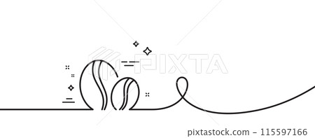 Coffee beans line icon. Continuous one line with curl. Hot drink sign. Whole bean beverage symbol. Coffee beans single outline ribbon. Loop curve pattern. Vector Coffee beans line icon. Continuous one line with curl. Hot drink sign. Whole bean beverage symbol. Coffee beans single outline ribbon. Loop curve pattern. Vector 115597166