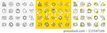 Outline Download, Security and Coconut line icons pack for web with Baggage belt, Folate vitamin, Cough line icon. Swipe up, Loud sound, Medical drugs pictogram icon. Copywriting network. Vector 115597189