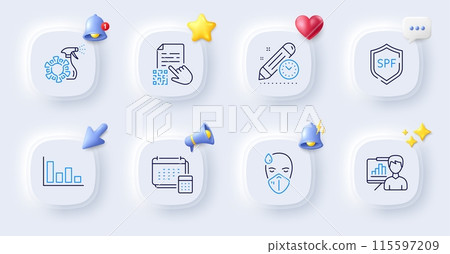Presentation board, Project deadline and Coronavirus spray line icons. Buttons with 3d bell, chat speech, cursor. Pack of Qr code, Histogram, Account icon. Sick man, Spf protection pictogram. Vector 115597209