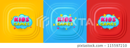 Kids games sticker. Neumorphic offer banner, flyer or poster. Fun playing zone banner. Children games party area icon. Kids games promo event banner. 3d square buttons. Special deal coupon. Vector Kids games sticker. Neumorphic offer banner, flyer or poster. Fun playing zone banner. Children games party area icon. Kids games promo event banner. 3d square buttons. Special deal coupon. Vector 115597210