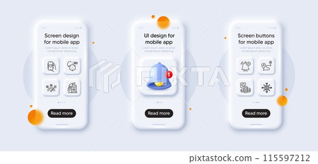 Journey, Correct answer and Petrol station line icons pack. 3d phone mockups with bell alert. Glass smartphone screen. Logistics network, Inspect, Reminder web icon. Vector 115597212