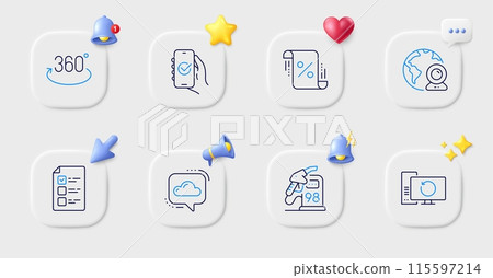 Approved app, Voting ballot and Cloud communication line icons. Buttons with 3d bell, chat speech, cursor. Pack of Video conference, Loan percent, Recovery computer icon. Vector 115597214