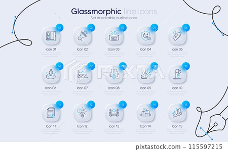 Set of Open door, Time management and Megaphone line icons for web app. Financial documents, Guard, Business way icons. Skin cream, Ranking, Water bottle signs. Consumption growth. Vector 115597215