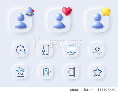 Sign out, Elevator and Print image line icons. Placeholder with 3d bell, star, heart. Pack of Timer, Love message, Lock icon. Star, Love mail pictogram. For web app, printing. Vector 115597220