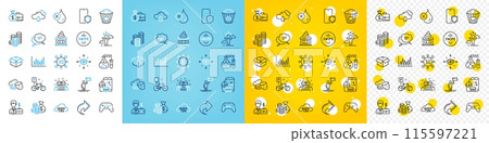 Vector icons set of Web3, Rainy weather and Difficult stress line icons pack for web with Food order, Popcorn, Bike outline icon. Phone protect, Share, Coins pictogram. Parcel delivery. Vector 115597221