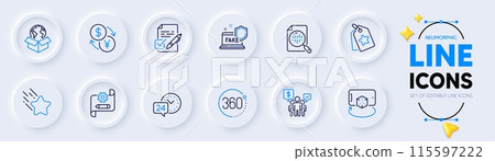 Teamwork, Falling star and 360 degrees line icons for web app. Pack of Analytics chart, Delivery service, Currency exchange pictogram icons. Cogwheel blueprint, Augmented reality. Vector Teamwork, Falling star and 360 degrees line icons for web app. Pack of Analytics chart, Delivery service, Currency exchange pictogram icons. Cogwheel blueprint, Augmented reality. Vector 115597222