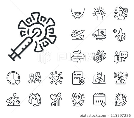 Corona syringe sign. Online doctor, patient and medicine outline icons. Coronavirus vaccine line icon. Covid jab symbol. Coronavirus vaccine line sign. Vector Corona syringe sign. Online doctor, patient and medicine outline icons. Coronavirus vaccine line icon. Covid jab symbol. Coronavirus vaccine line sign. Vector 115597226