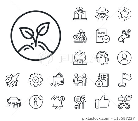 Idea leaves sign. Salaryman, gender equality and alert bell outline icons. Startup line icon. Launch project symbol. Startup line sign. Spy or profile placeholder icon. Online support, strike. Vector Idea leaves sign. Salaryman, gender equality and alert bell outline icons. Startup line icon. Launch project symbol. Startup line sign. Spy or profile placeholder icon. Online support, strike. Vector 115597227