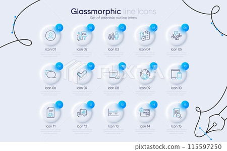 Set of Talk bubble, Quick tips and Graph chart line icons for web app. Column diagram, Inspect, Business hierarchy icons. Info, Approved document, Magistrates court signs. Tick, Headshot. Vector 115597250