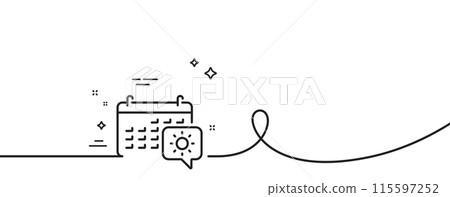 Travel calendar line icon. Continuous one line with curl. Trip planning sign. Holidays symbol. Travel calendar single outline ribbon. Loop curve pattern. Vector 115597252