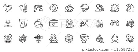 Icons pack as Stress, Coronavirus and Mental conundrum line icons for app include Medical drugs, Mountain bike, High thermometer outline thin icon web set. Use gloves, Sunscreen. Vector 115597255