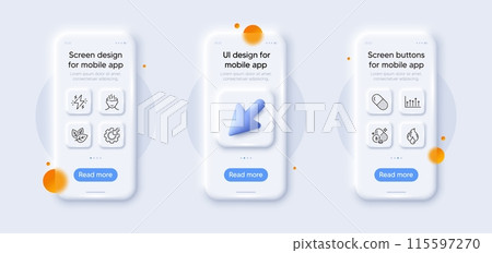 Power, Capsule pill and Flammable fuel line icons pack. 3d phone mockups with cursor. Glass smartphone screen. Growth chart, Seo gear, Riboflavin vitamin web icon. Vector 115597270