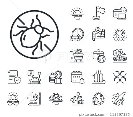 Hypoallergenic sign. Plane jet, travel map and baggage claim outline icons. Mattress bed bugs line icon. Anti-allergic symbol. Bed bugs line sign. Car rental, taxi transport icon. Vector Hypoallergenic sign. Plane jet, travel map and baggage claim outline icons. Mattress bed bugs line icon. Anti-allergic symbol. Bed bugs line sign. Car rental, taxi transport icon. Vector 115597325