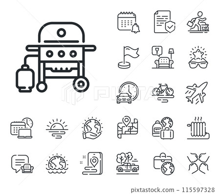Barbecue cooker for cooking food sign. Plane jet, travel map and baggage claim outline icons. Gas grill line icon. Meat brazier symbol. Gas grill line sign. Car rental, taxi transport icon. Vector 115597328