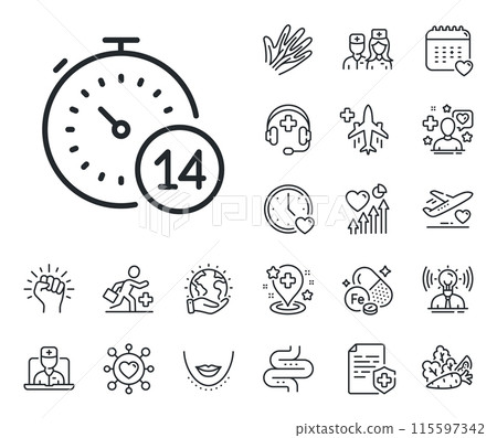 Coronavirus incubation period sign. Online doctor, patient and medicine outline icons. Quarantine timer line icon. Self-isolation symbol. Quarantine line sign. Vector 115597342