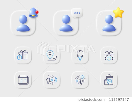 Fireworks, Wedding glasses and Ice cream line icons. Placeholder with 3d star, reminder bell, chat. Pack of Sale megaphone, Sale bags, Calendar icon. Secret gift, Journey pictogram. Vector Fireworks, Wedding glasses and Ice cream line icons. Placeholder with 3d star, reminder bell, chat. Pack of Sale megaphone, Sale bags, Calendar icon. Secret gift, Journey pictogram. Vector 115597347