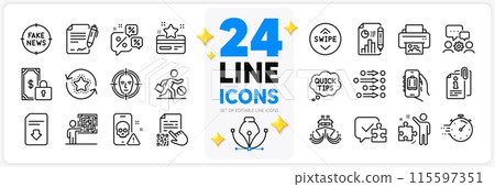 Icons set of Discounts chat, Business skill and Attached info line icons pack for app with Private payment, Swipe up, Timer thin outline icon. Fake news, Download file, Baggage app pictogram. Vector 115597351