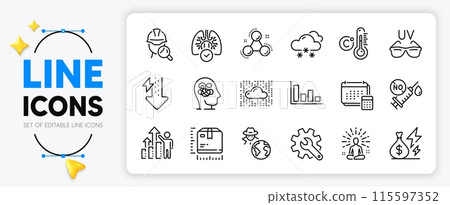 Yoga, Fraud and Customisation line icons set for app include Employee results, Sunglasses, Energy drops outline thin icon. Electricity price, Snow weather, Anxiety pictogram icon. Vector 115597352