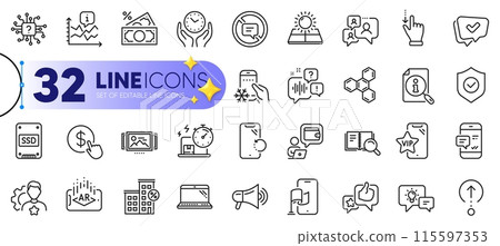 Outline set of Support chat, Brand and Location app line icons for web with Security shield, Artificial intelligence, Voicemail thin icon. Smartphone recovery, Smartphone notification. Vector 115597353