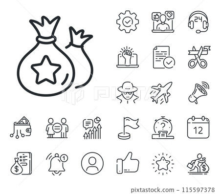 Bonus money bags. Salaryman, gender equality and alert bell outline icons. Loyalty points line icon. Discount program symbol. Loyalty points line sign. Spy or profile placeholder icon. Vector 115597378
