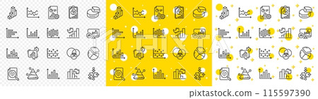 Report, 3D Chart, Block diagram and Dot Plot graph linear icons. Charts and Diagrams line icons. Trend, Pyramid and Pie chart report symbols. Presentation infochart, process flow diagram. Vector 115597390