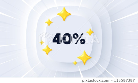 40 percent off sale tag. Neumorphic banner with sunburst. Discount offer price sign. Special offer symbol. Discount message. Banner with 3d stars. Circular neumorphic template. Vector 115597397