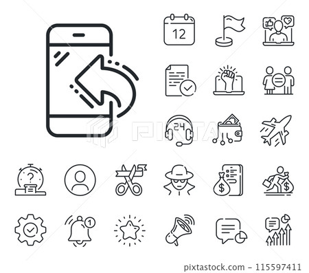 Incoming phone call sign. Salaryman, gender equality and alert bell outline icons. Call center service line icon. Feedback symbol. Incoming call line sign. Spy or profile placeholder icon. Vector 115597411